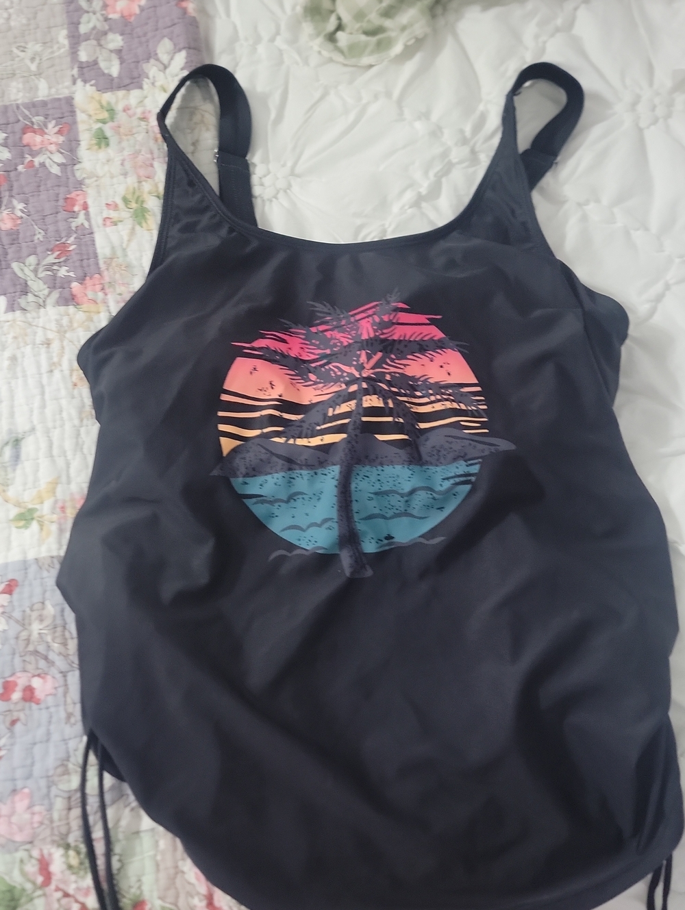 BloomChic Black One-Piece Swimsuit with Sunset Palm Print